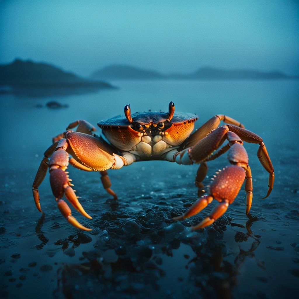 Giant Crab Emerges from Misty Dawn
