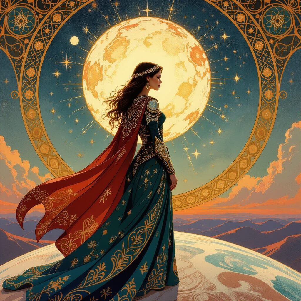 Art Nouveau Knight on Planet in Ethereal Glow