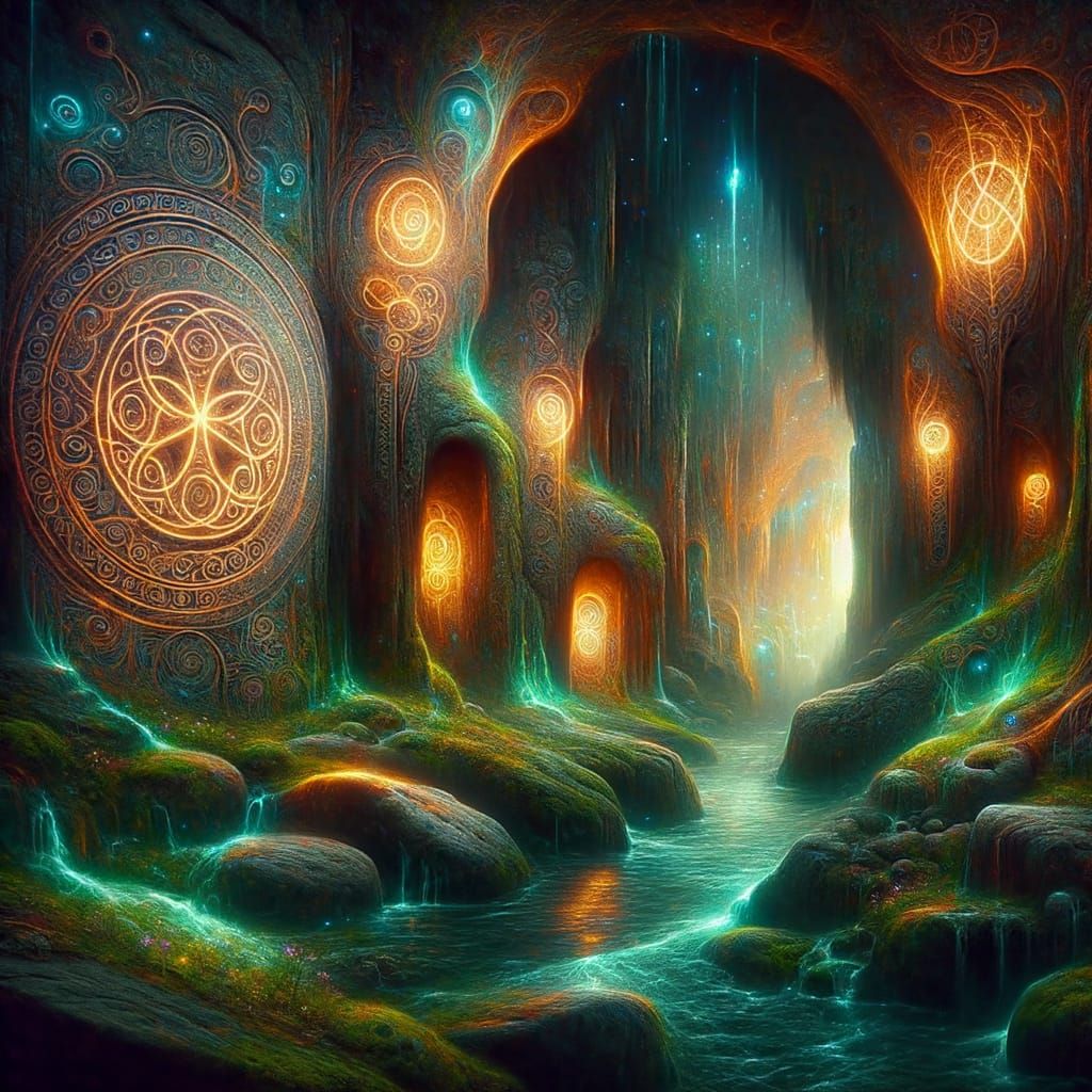 Mystical Grotto Illuminated by Bioluminescent Fungi and Anci...