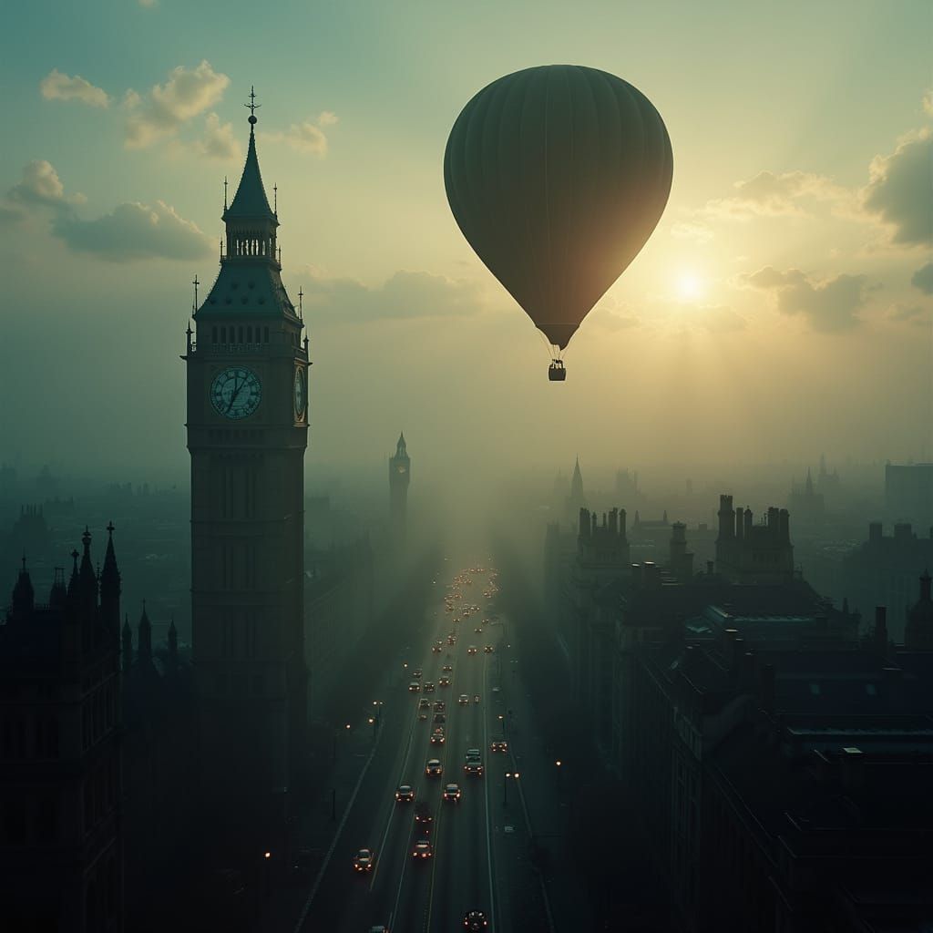 Hot Air Balloon Soaring Over Victorian London