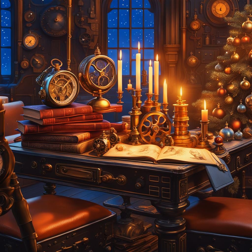 Steampunk Christmas Postcard in Golden Hour Lighting