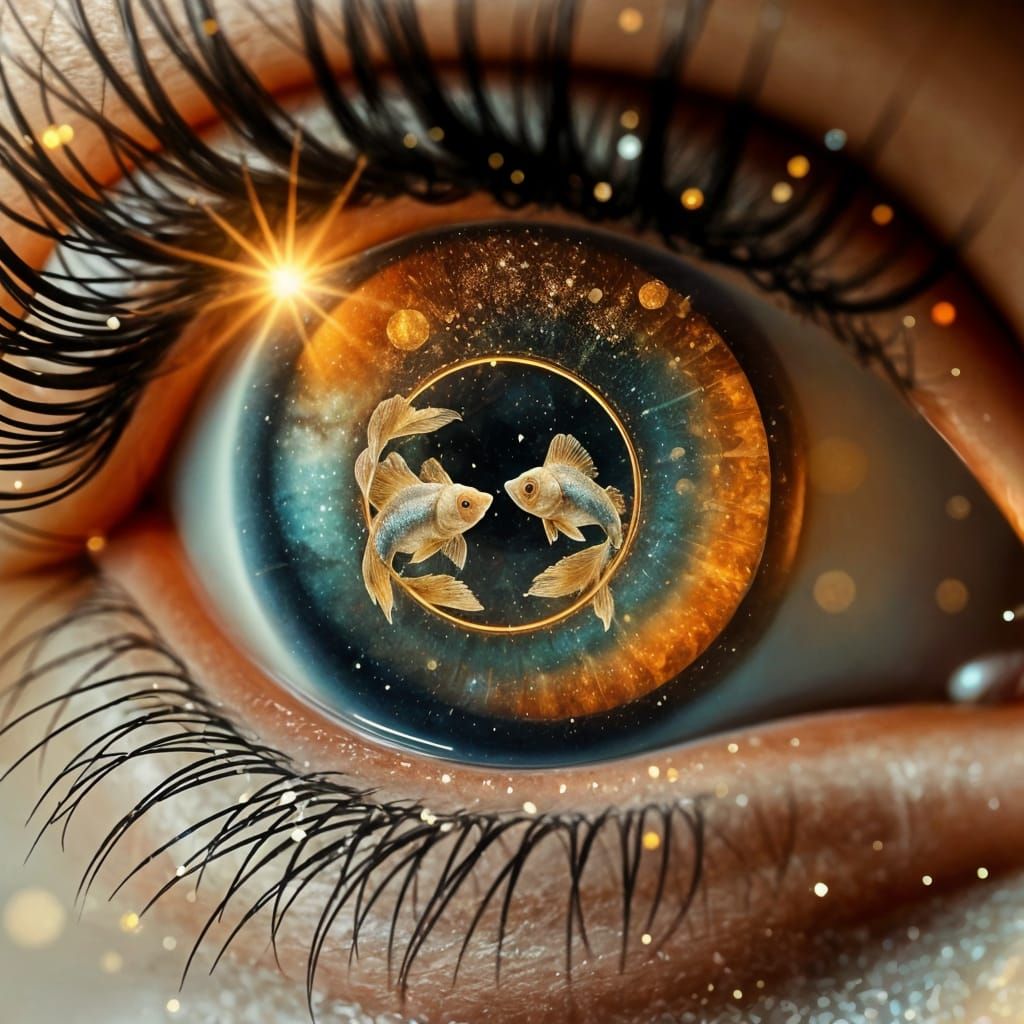 Ethereal Eye with Luminous Stardust and Celestial Fish