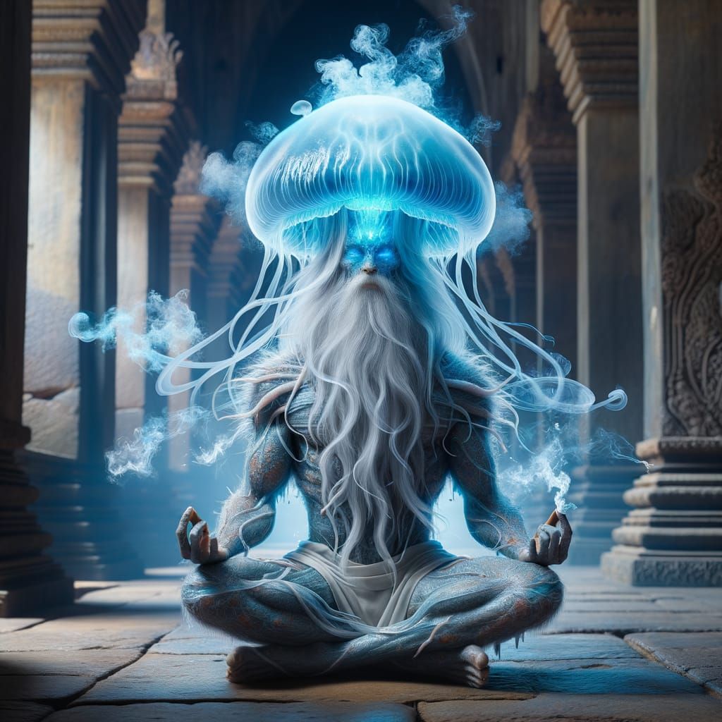Ethereal Smoke Being Meditates in Ancient Temple