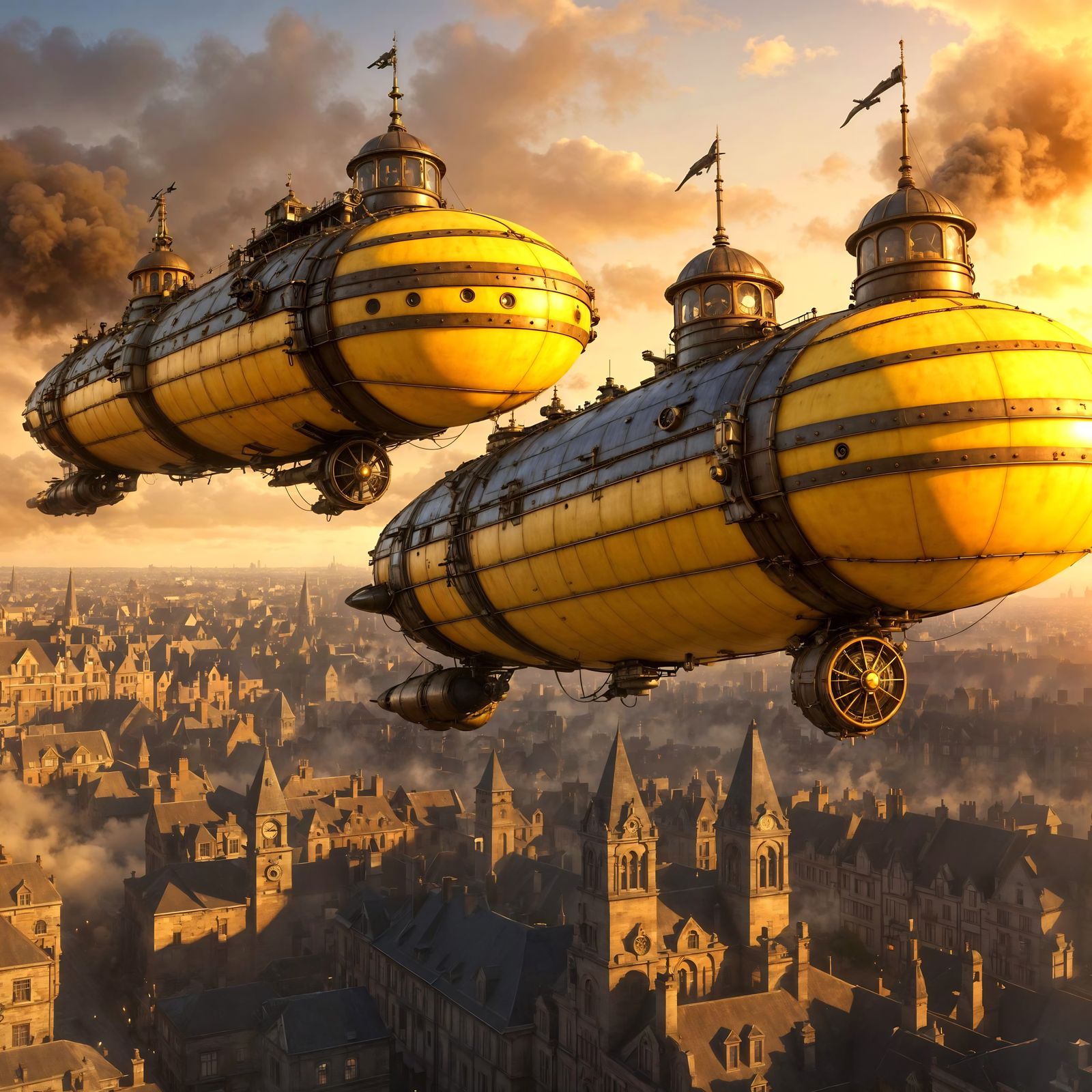 Yellow Steampunk Airships Over Victorian City at Dusk