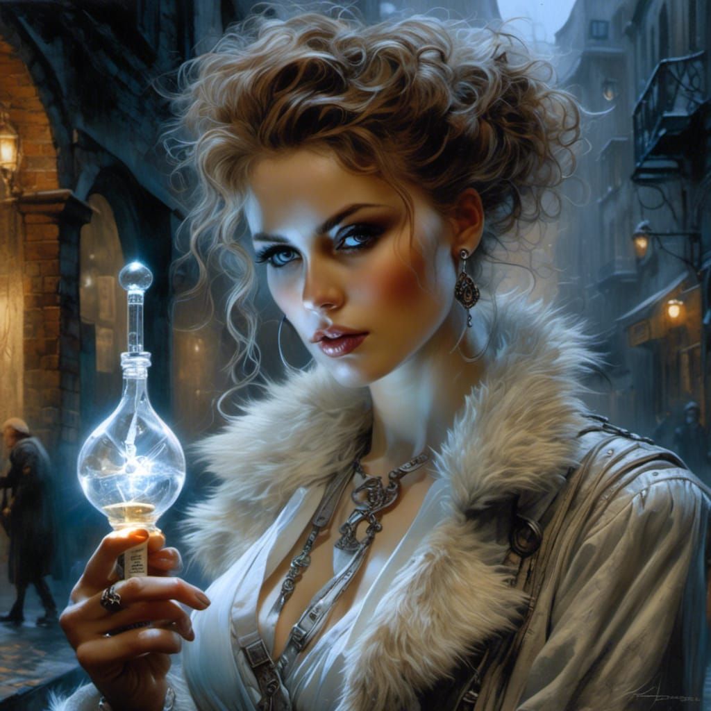 Mad Scientist in Alleyway, Hyperrealistic Illustration