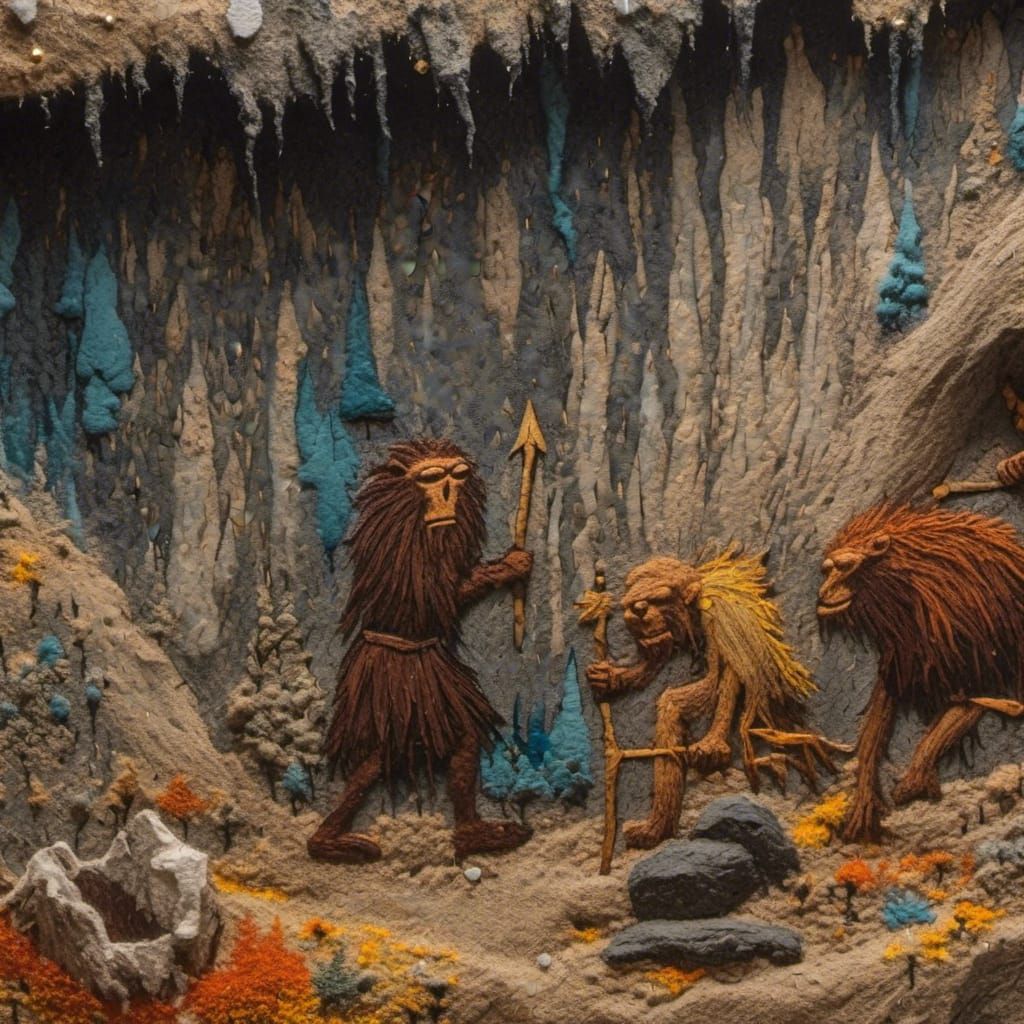 Neanderthal Bob Ross Cave Painting in Comic Style