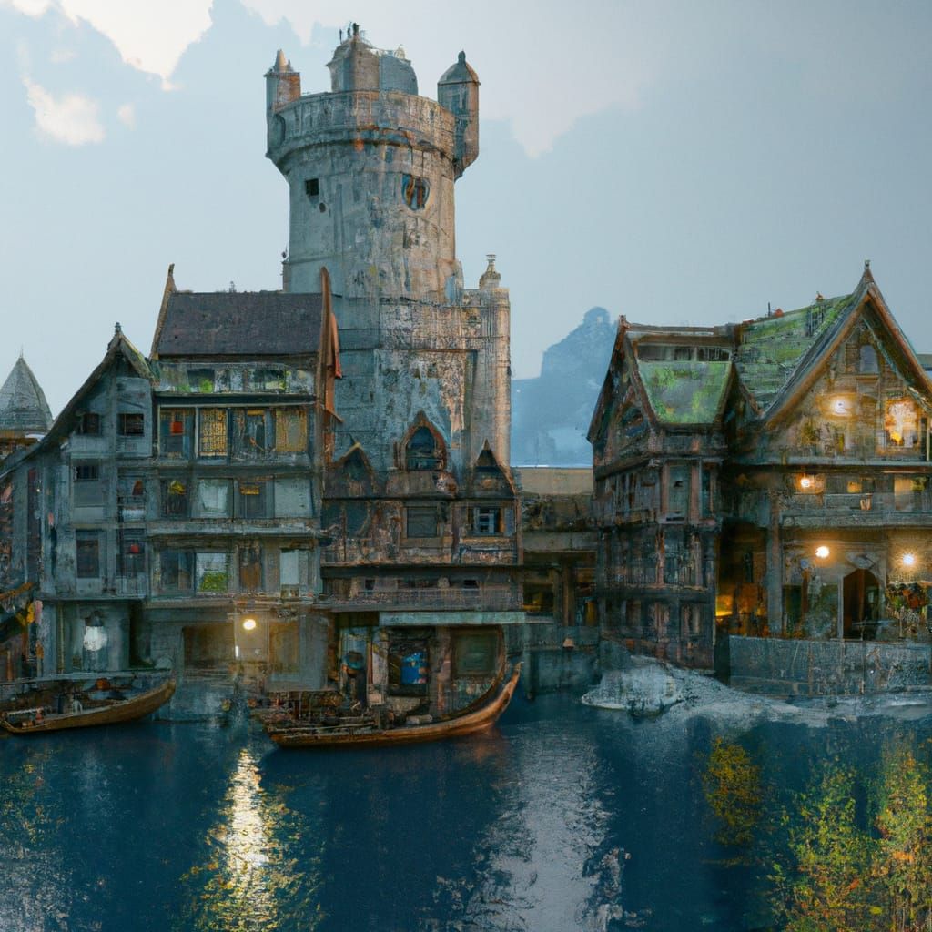 Fantasy Cityscape with Medieval Architecture in Matte Painti...