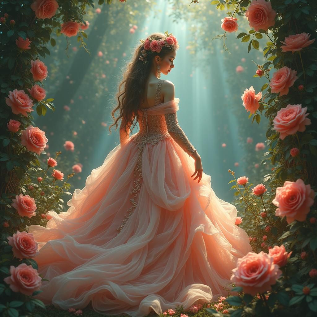Enchanted Woman in Roses, Dreamlike Digital Art