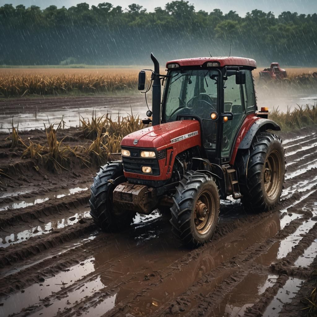 Farmer Repairs Tractor in Rainstorm: Matte Painting