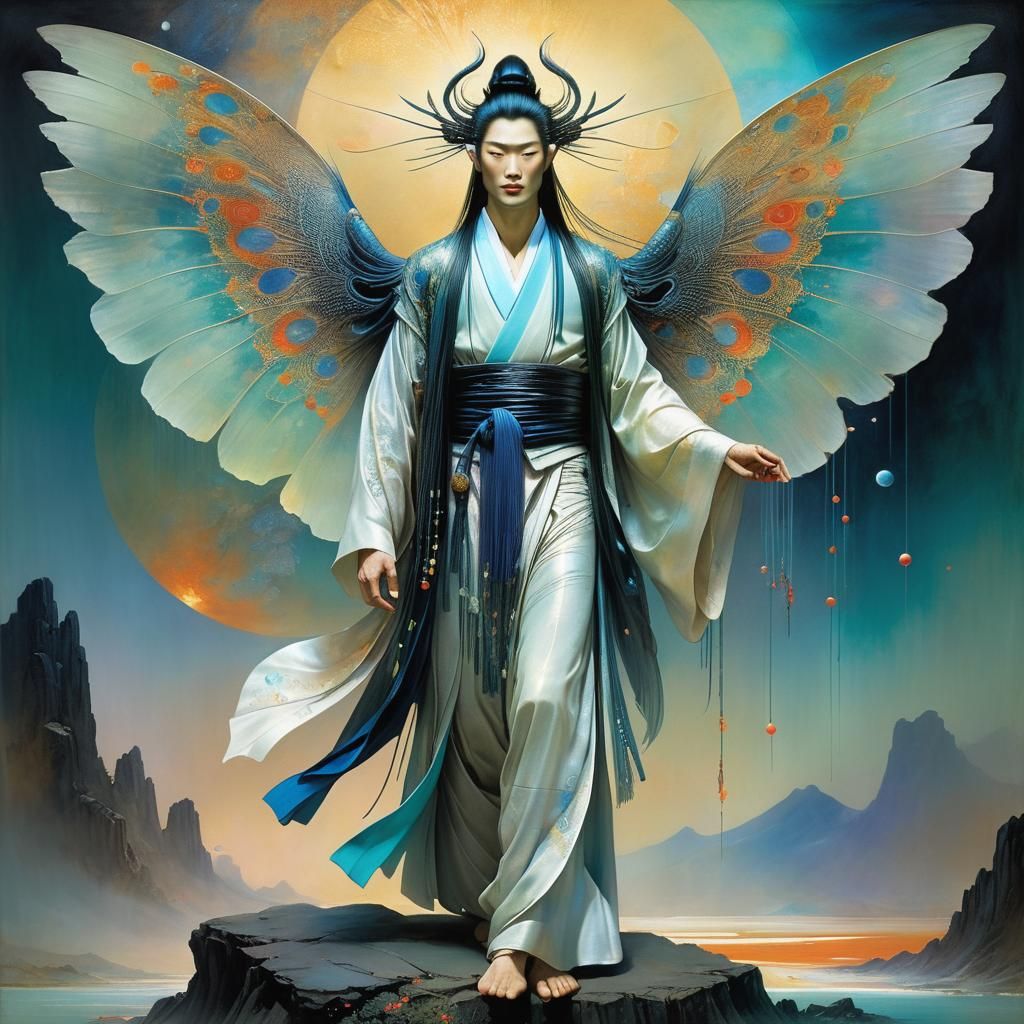 Asian Man in Kimono with Nacreous Lighting