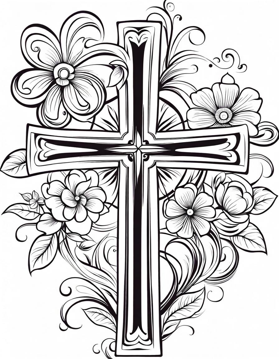 Christian Cross Line Art with Floral Swirls