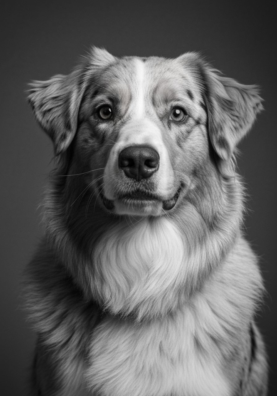 Friendly Australian Shepherd Dog Portrait in Black and White