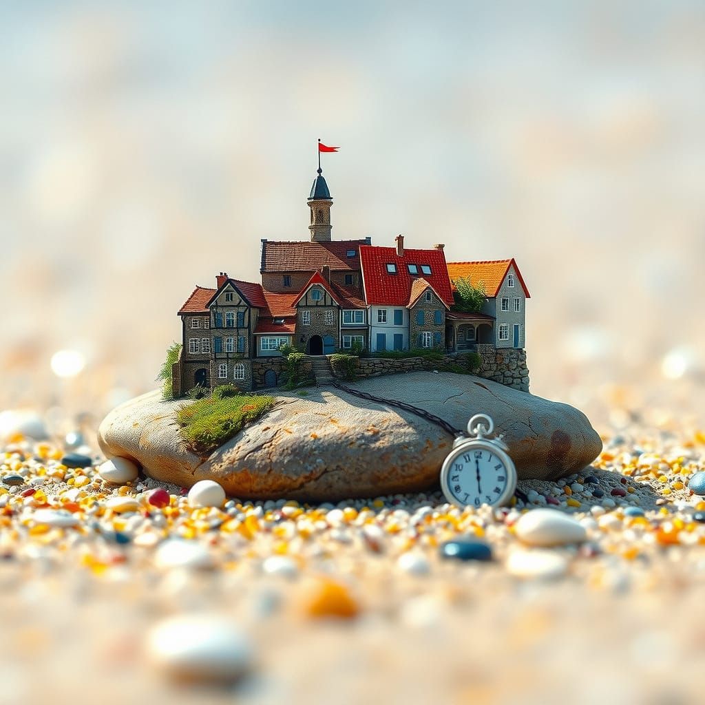 Surreal Pebble Village: Macro Digital Art