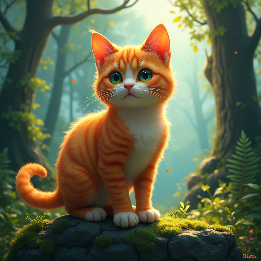 Regal Orange Tabby in Lush Forest: Digital Matte Painting