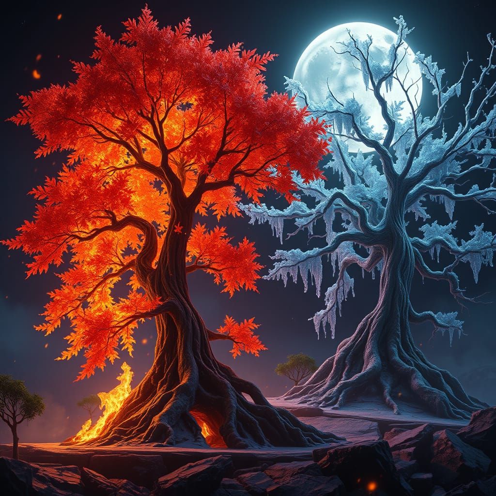 A cinematic medium shot of a fantasy scene with a fiery tree...