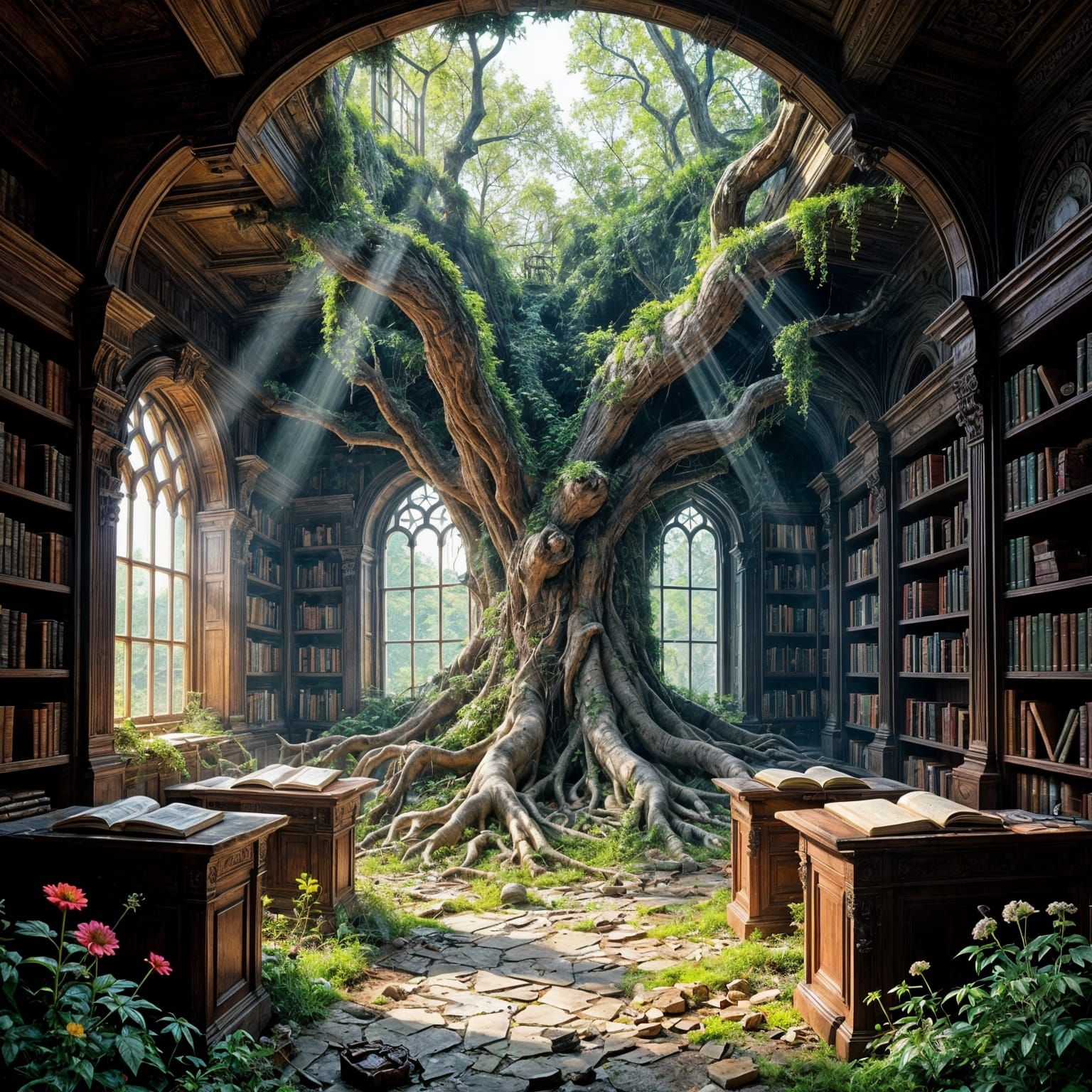 Ancient Tree Reclaims Forgotten Library in Fantasy Realism S...