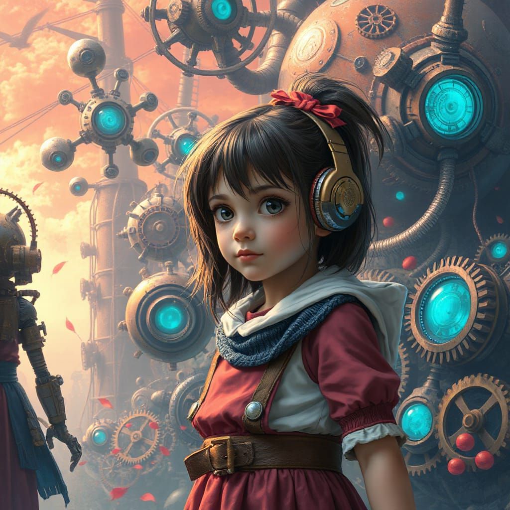 Wonderland Girl Among Steampunk Robotics
