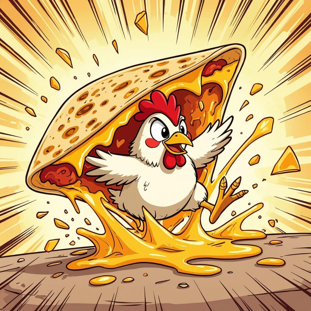 Cartoon Chicken Escapes Gooey Cheese Quesadilla in Comic Sty...