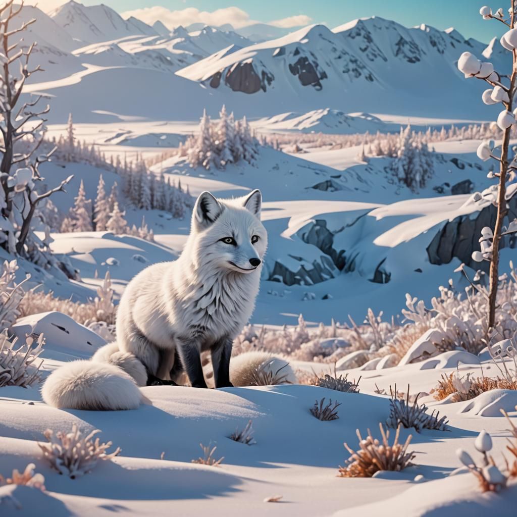 Camouflaged Arctic Fox in Snowy Pixar-Style Landscape