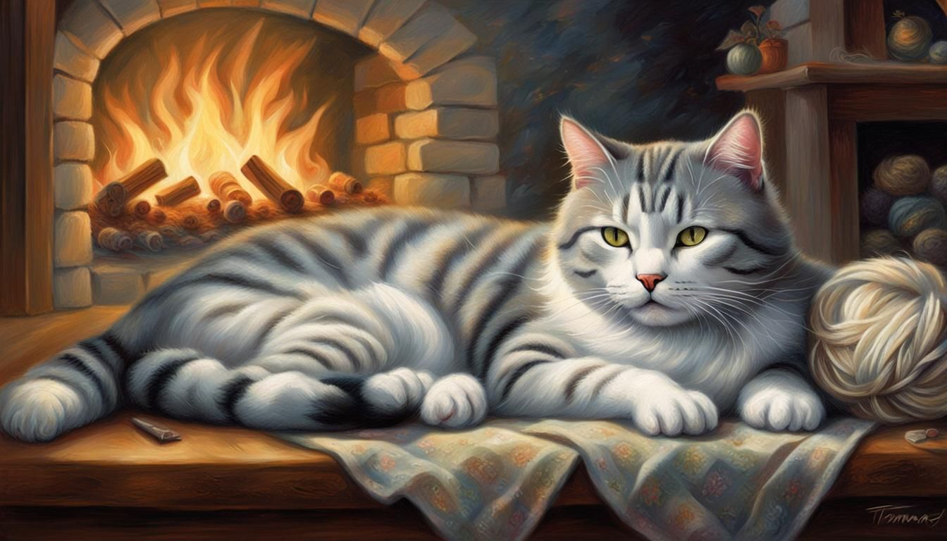 Tabby Cat Sleeping by Fireplace in Ethereal Light