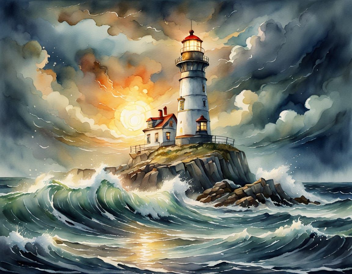 Lighthouse on Stormy Sea in Watercolor Style