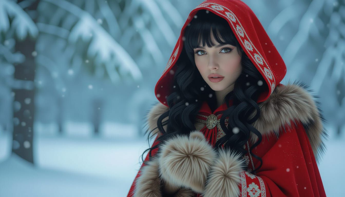 Woman in Snowy Forest with Red Cloak, Hyperrealistic Style