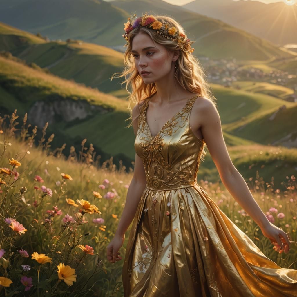 Woman in Gold Dress on Grassy Hill