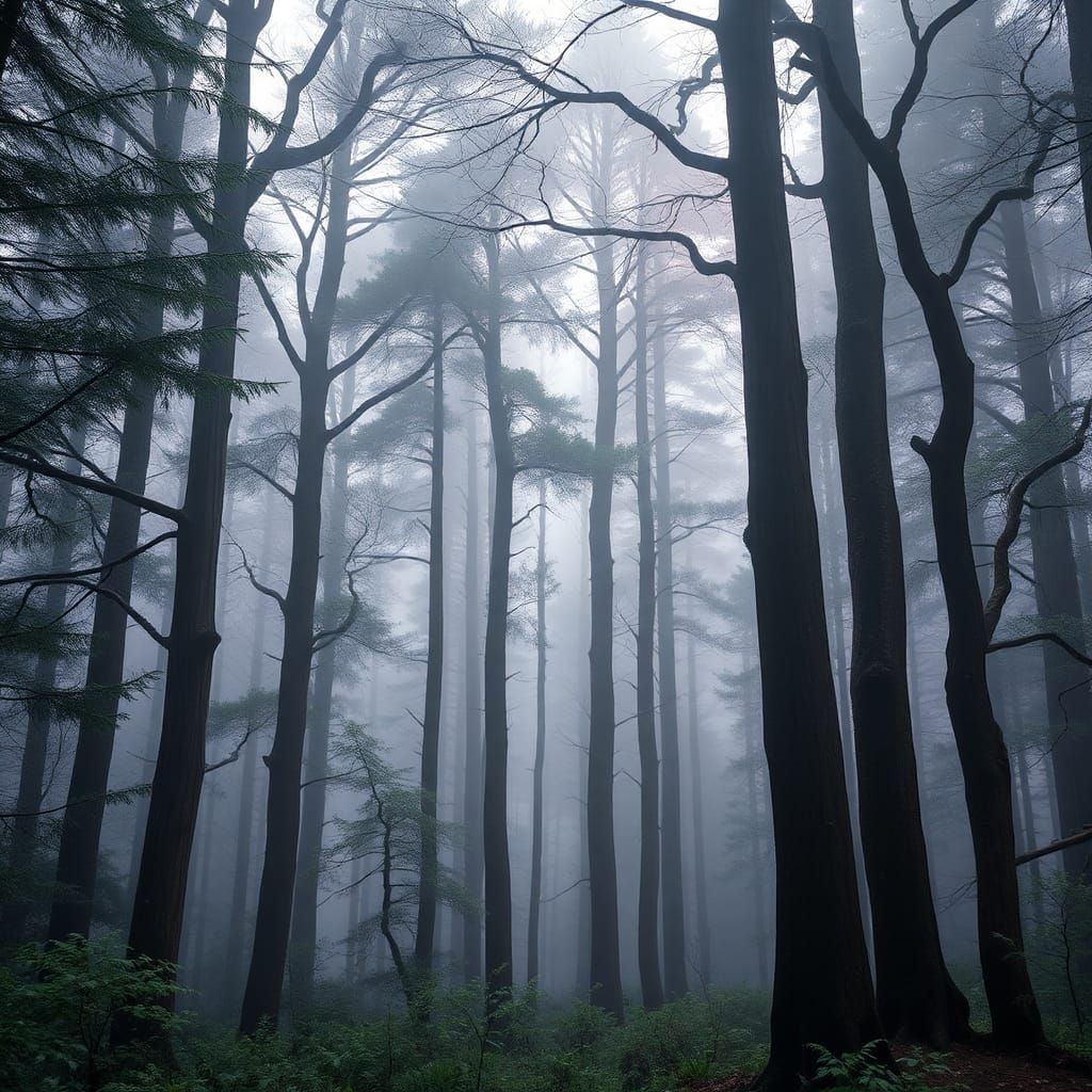 Mystical Elderwood Forest in Cotton Candy Mist