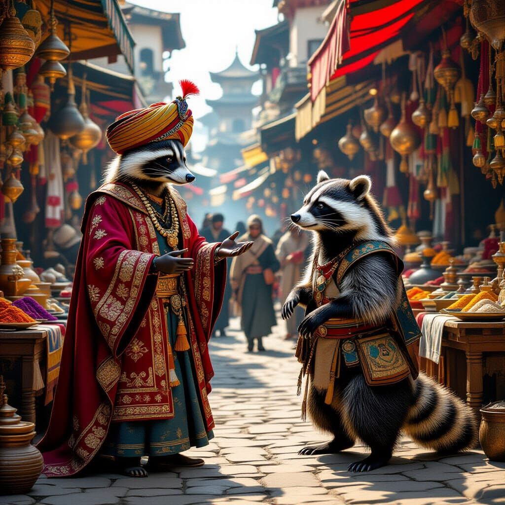Raccoon Merchant Haggling in a Hyperrealistic Marketplace