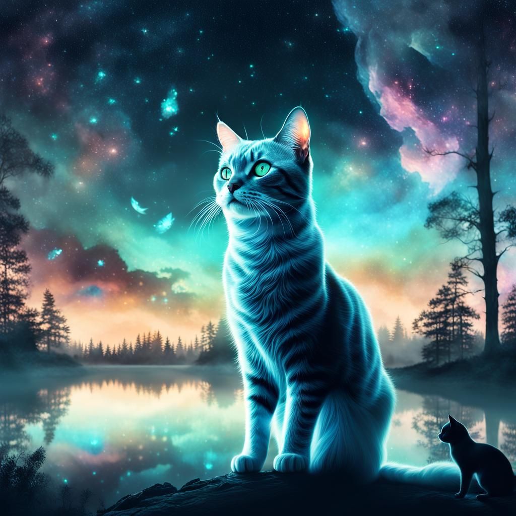 Bioluminescent Cat in Double Exposure Photography