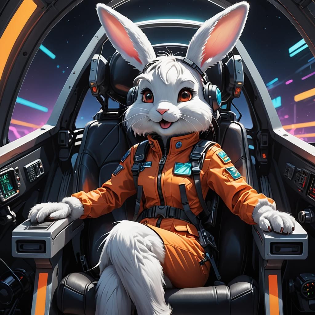 Cartoon Rabbit Pilot in Vibrant Cockpit