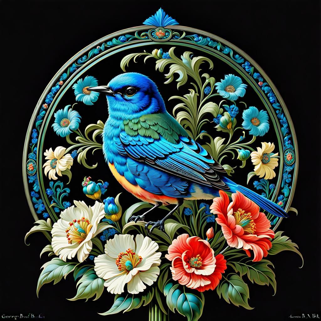 Blue Bird in Baroque Flower Paradise