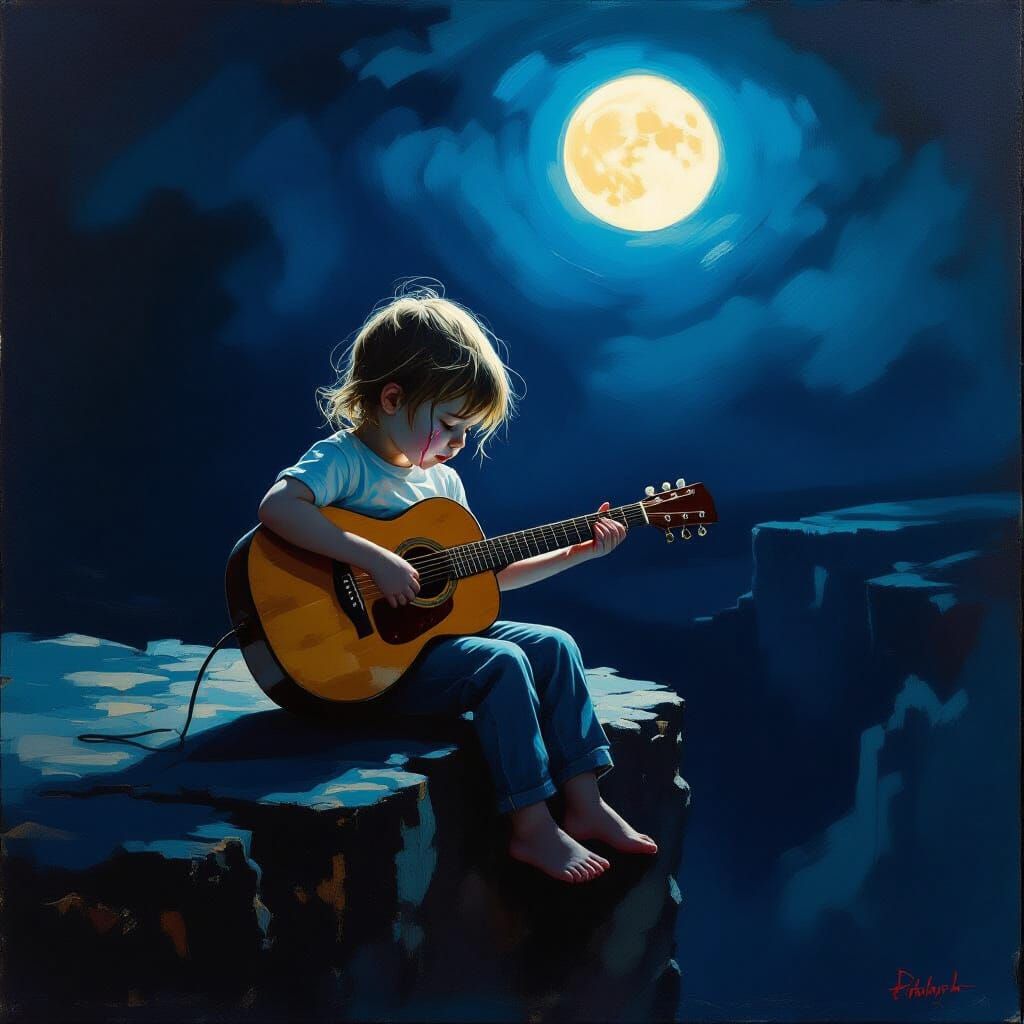 Child Plays Guitar on Cliff Edge Under Ethereal Moonlight