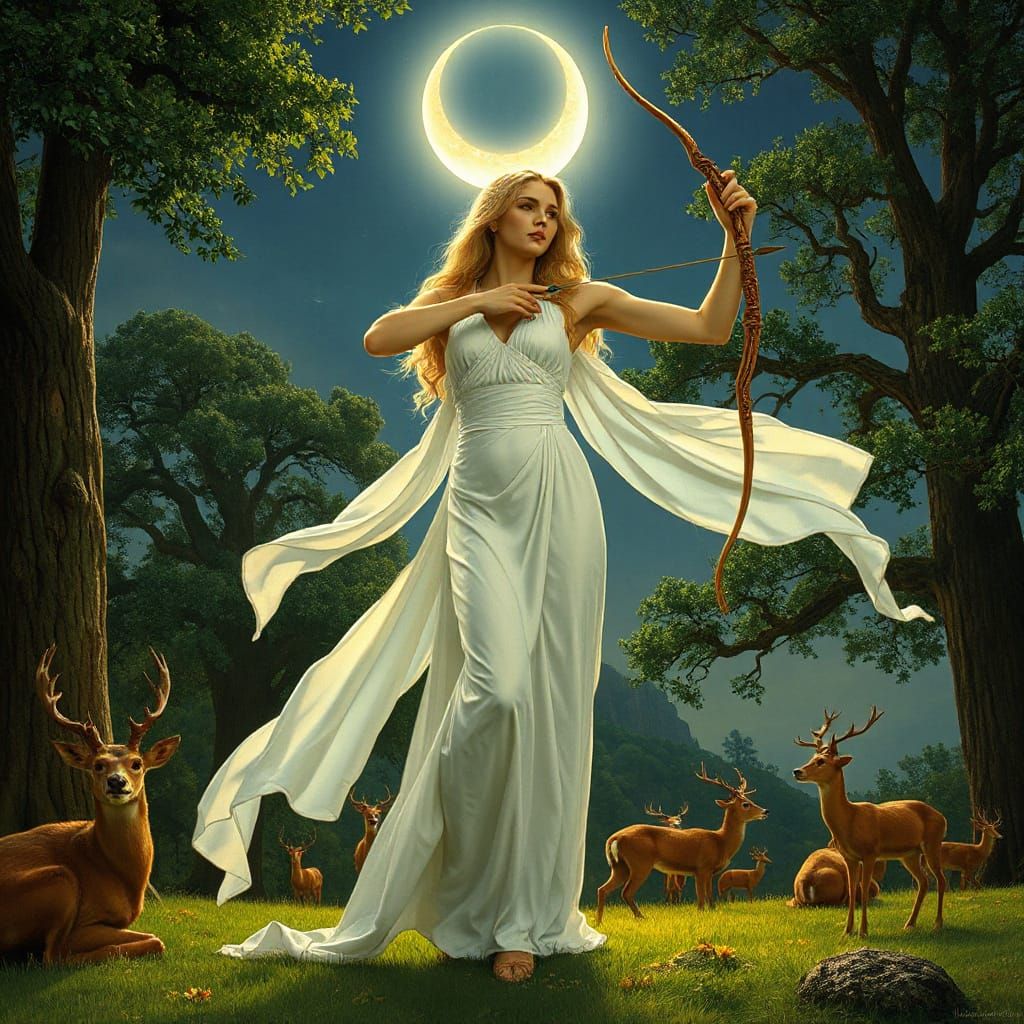 Goddess Diana with Bow in Art Nouveau Style