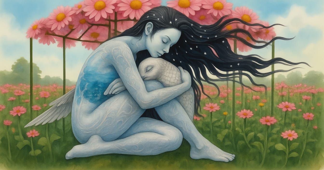 Surreal Fragmented Sculpture of Female Figure Embracing Bird