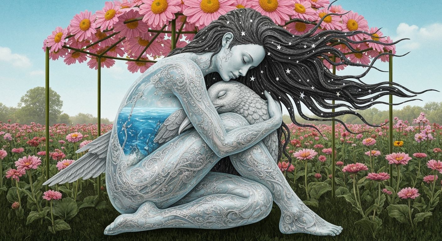 Surreal Fragmented Sculpture of Woman with Stars and Bird