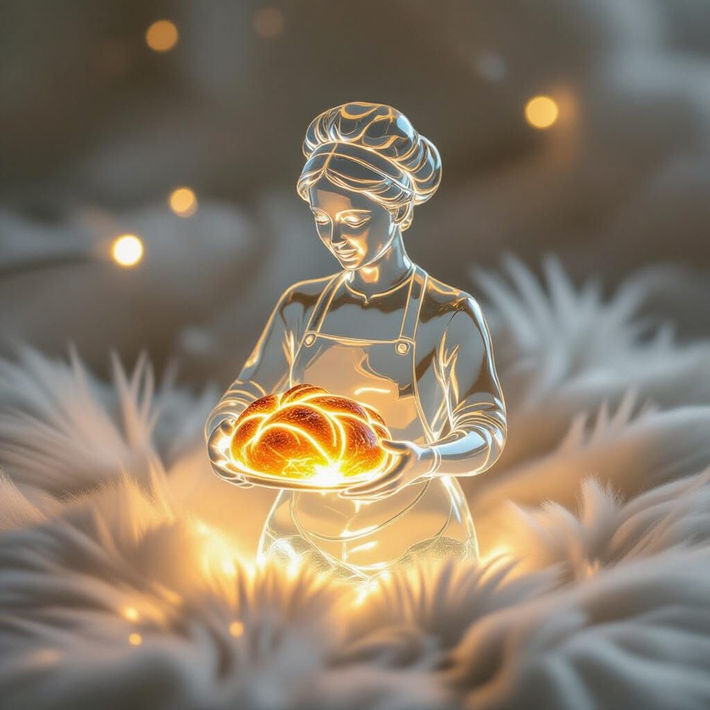 Glass Baker Holding Glowing Loaf in Ethereal Light