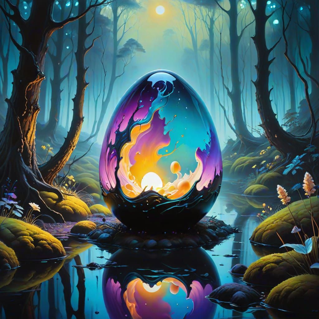 Dreamlike Easter Egg in a Misty Forest