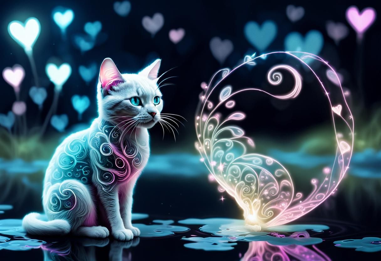 Bioluminescent Fairy Cat with Psychedelic Background