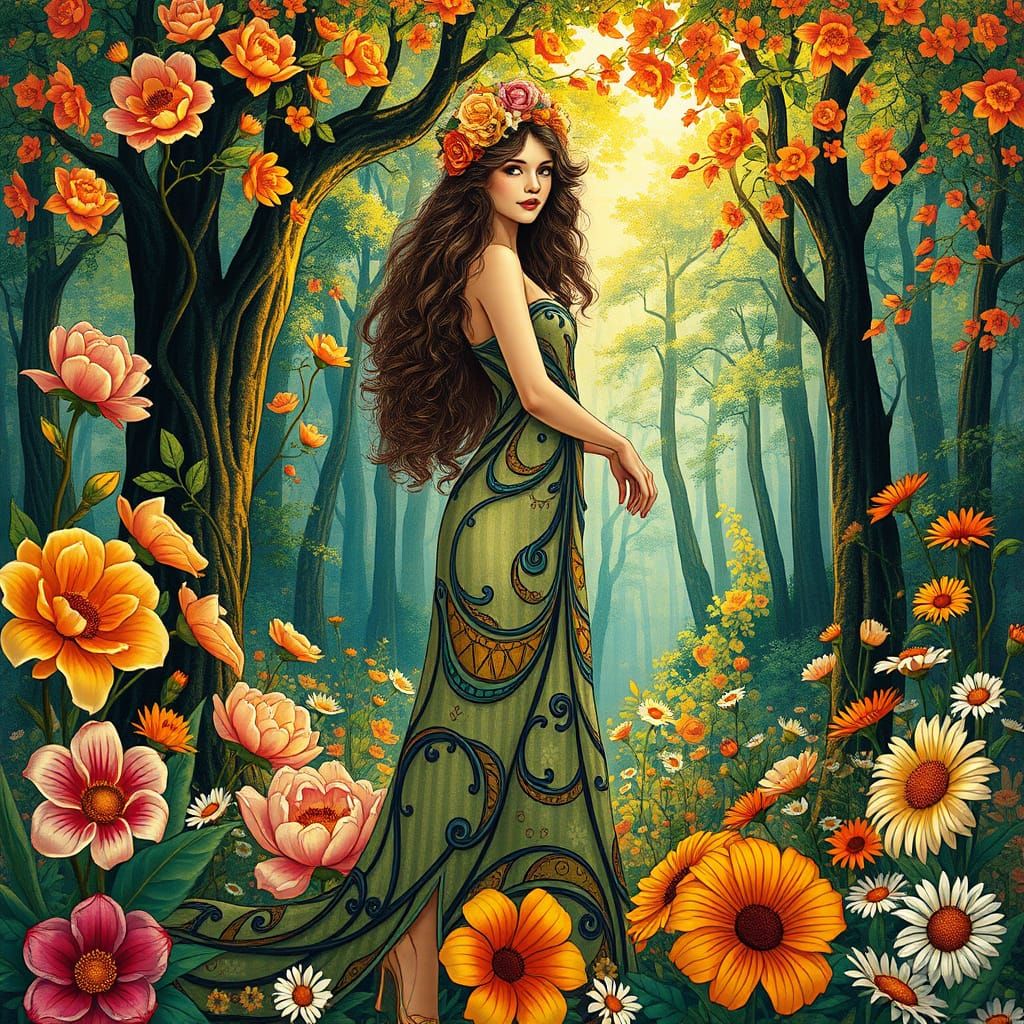 Art Nouveau Goddess in Vibrant Floral Forest