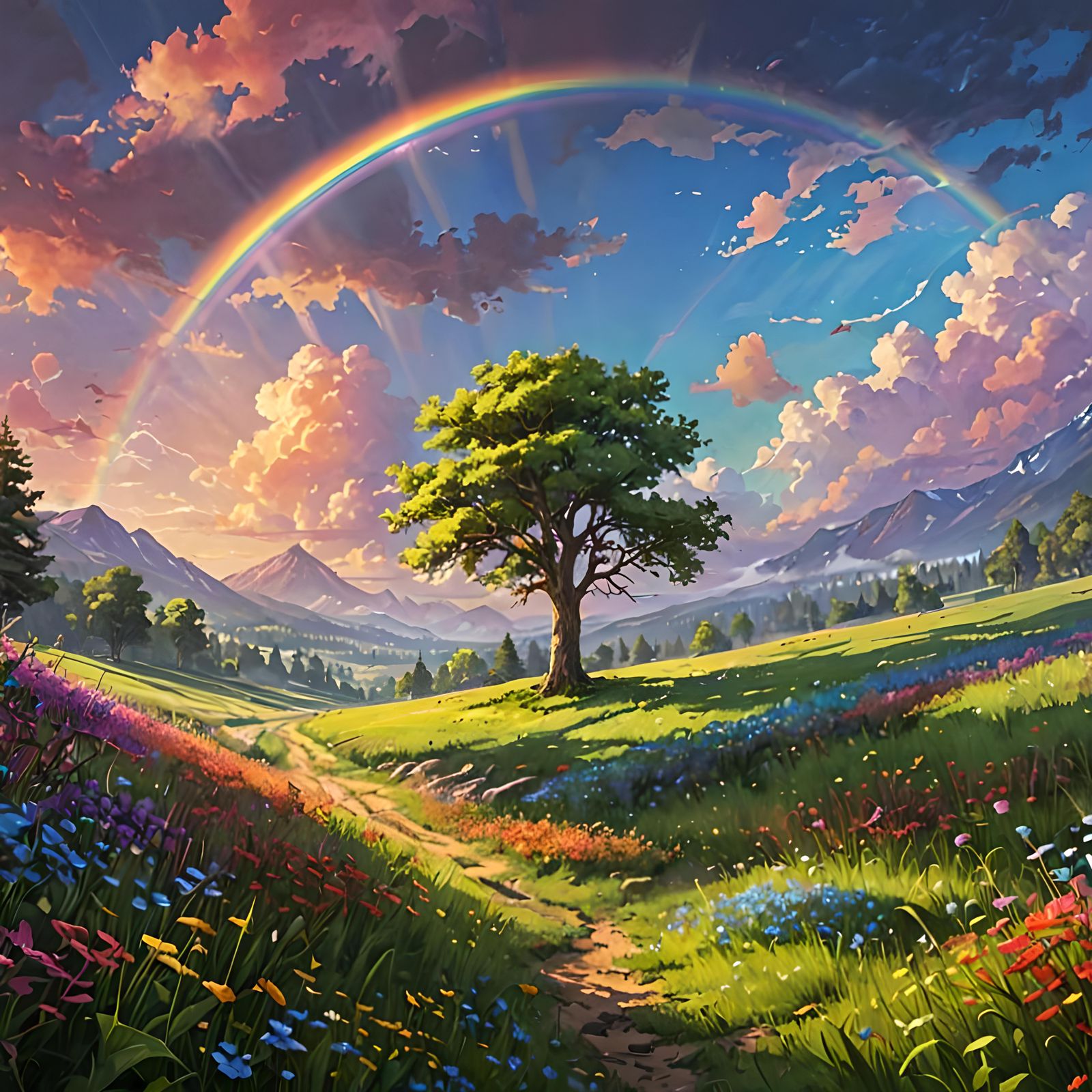 Fantasycore: Vibrant Meadow Under Rainbow Sky