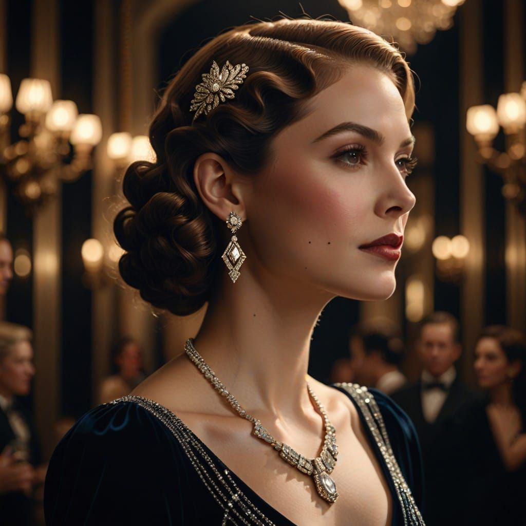 Elegant Woman in Velvet Gown: Art Deco Portrait