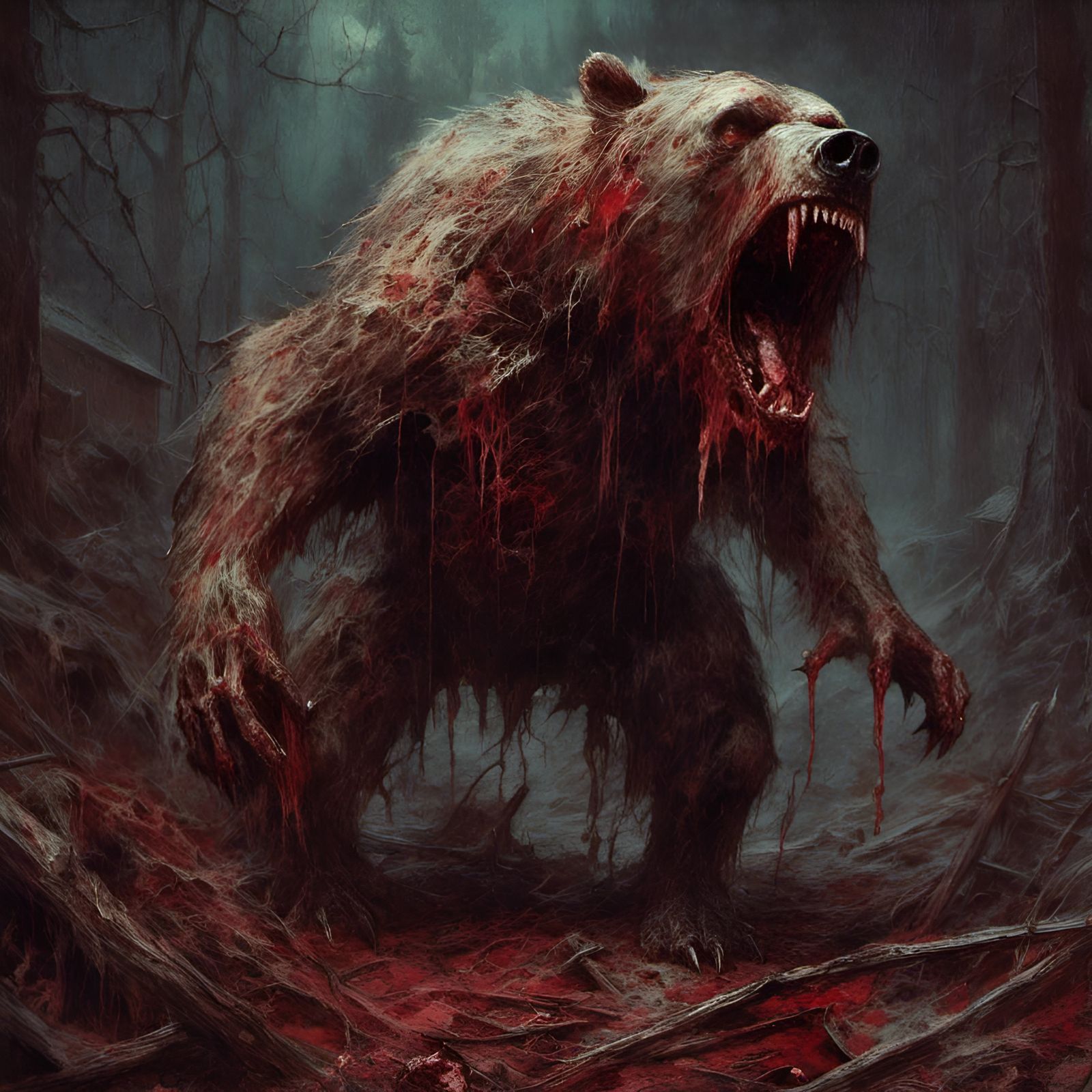 Zombie Grizzly Bear Feast in Macabre Horror Style