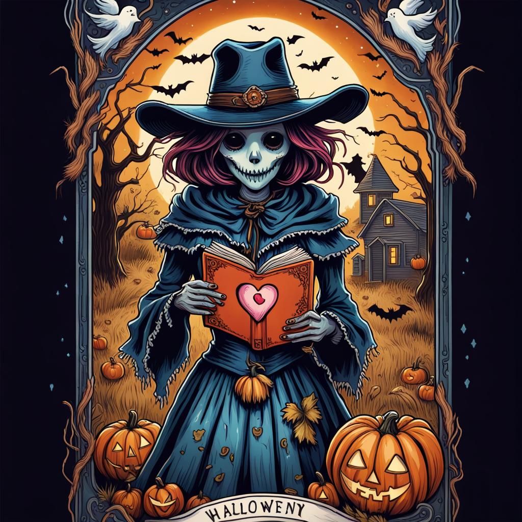 Halloween Tarot Card Featuring Ghost Scarecrow Woman