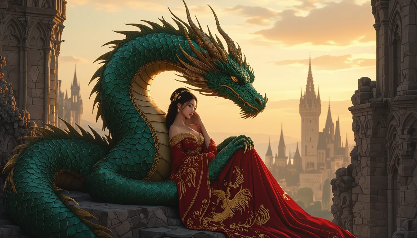 Dragon Cradling Princess in Art Nouveau Style