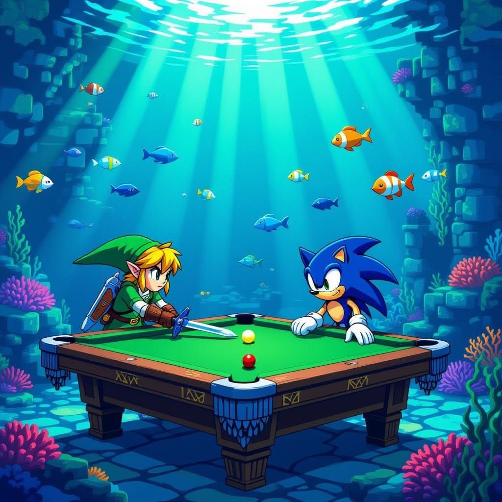 Link & Sonic Play Underwater Billiards in Pixel Art Style