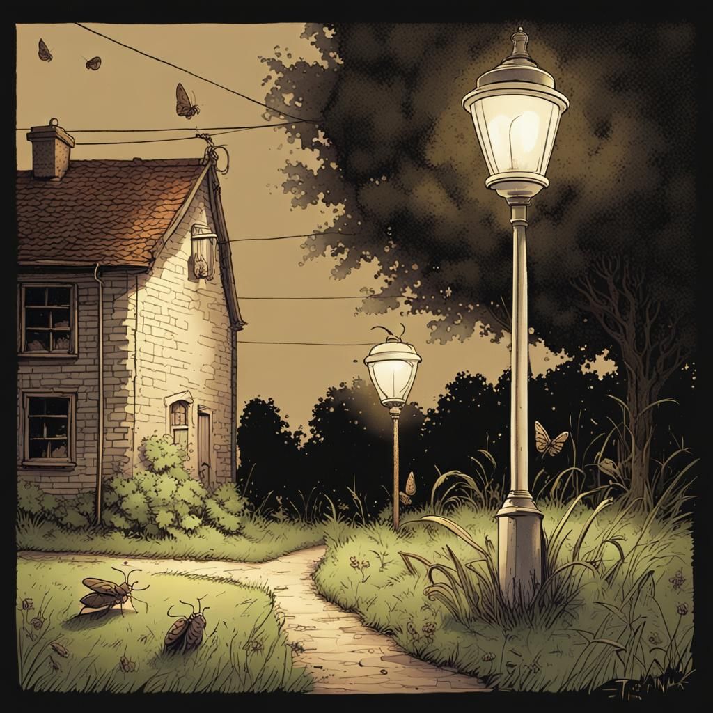 A hot muggy night, a street corner with a bare bulb street l...