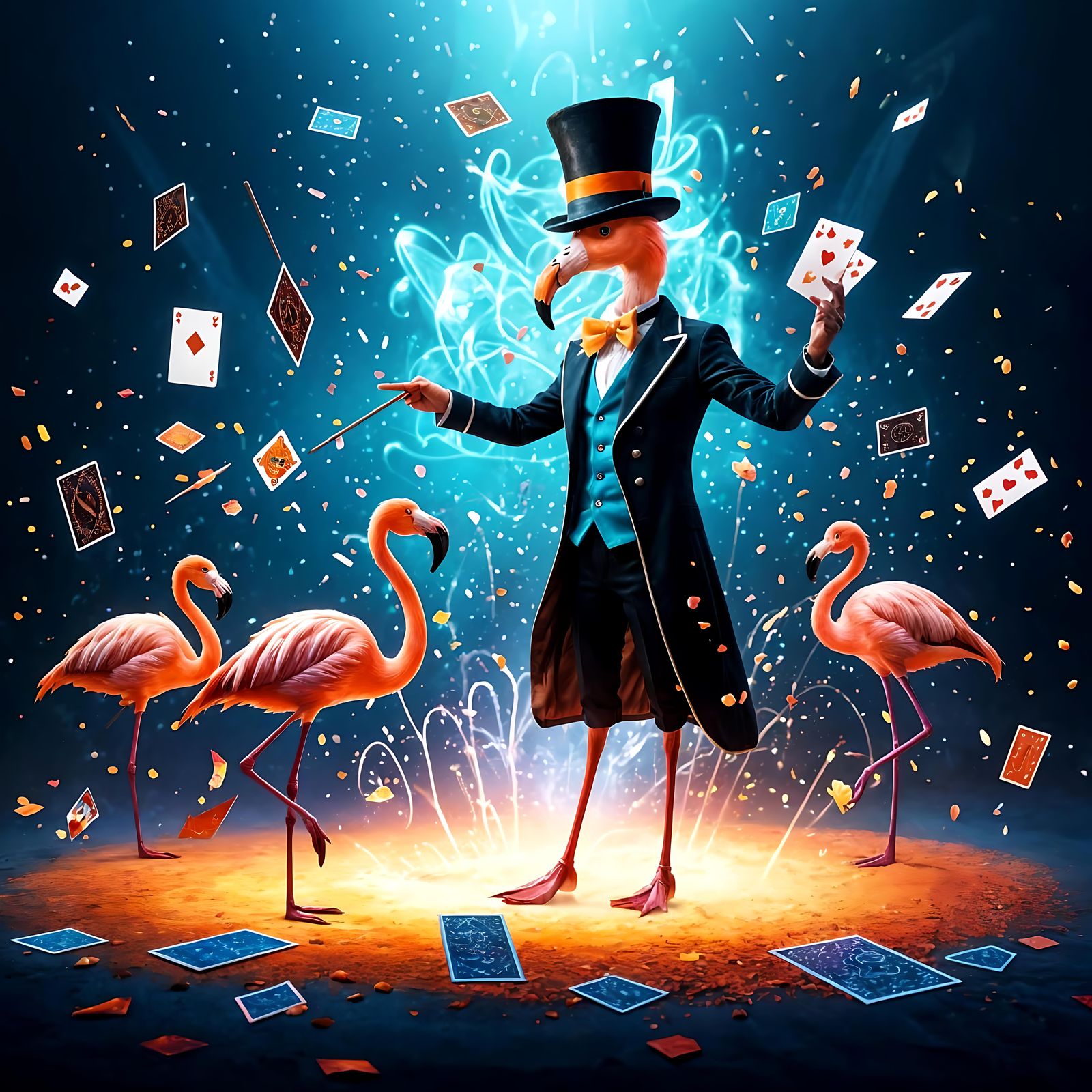 Magician Flamingo on Floating Card: Fantasy Art
