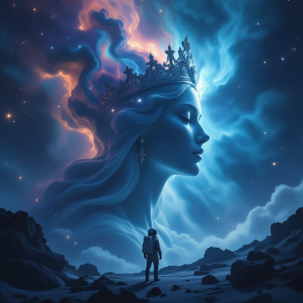 Astronaut Admires Ethereal Queen Nebula in Cosmic Void