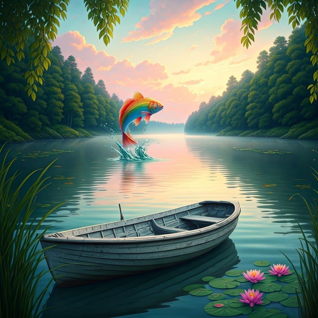 Serene Wood Carving with Rainbow Fish